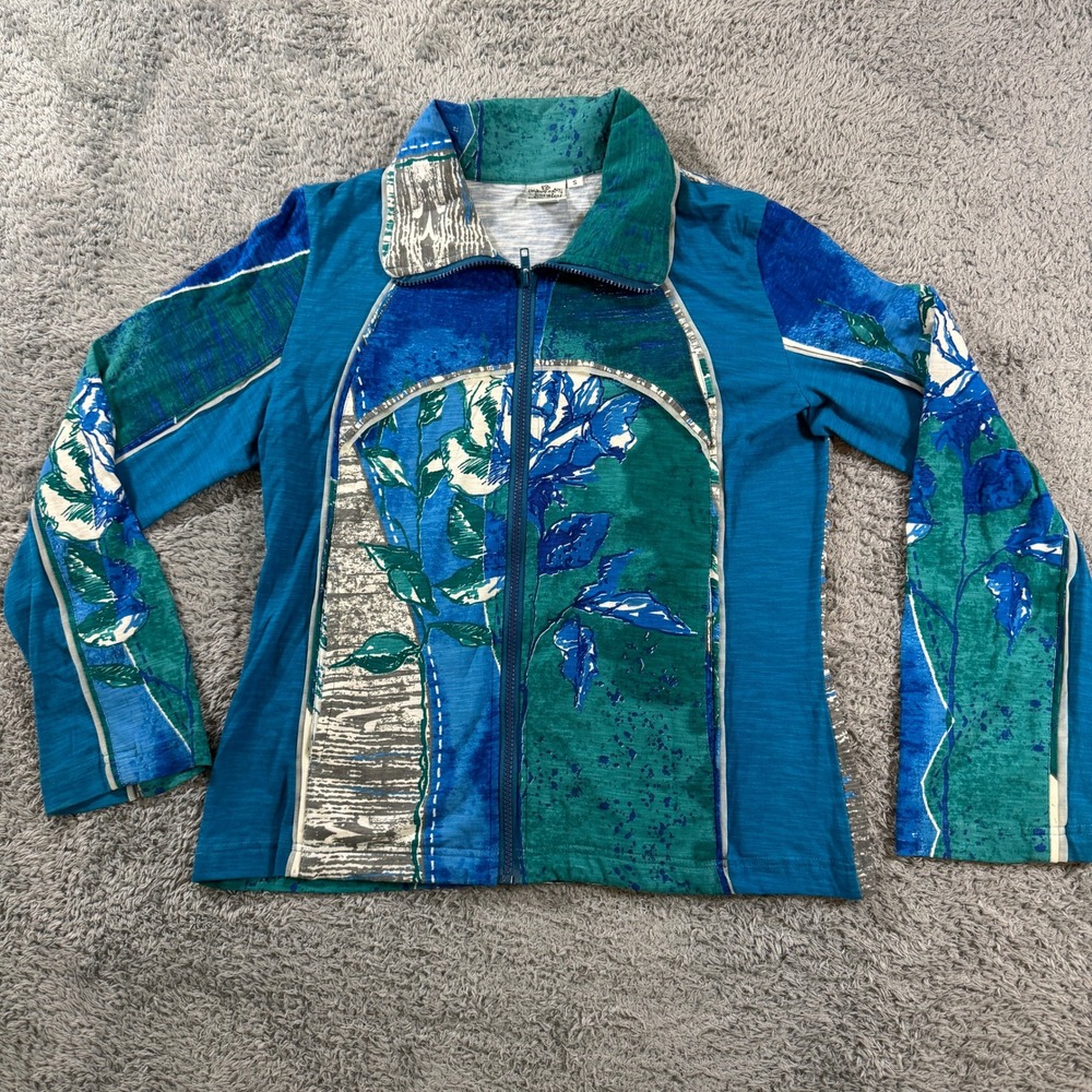 Parsley & Sage Jacket Small Blue Green Floral Rose Print Zip Up Lightweight Top